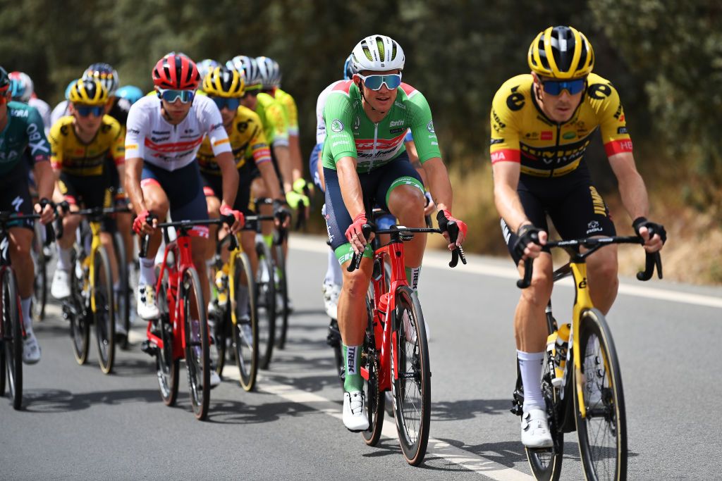 MONTILLA SPAIN SEPTEMBER 02 Mads Pedersen of Denmark and Team Trek Segafredo Green Points Jersey competes during the 77th Tour of Spain 2022 Stage 13 a 1684km stage from Ronda to Montilla 315m LaVuelta22 WorldTour on September 02 2022 in Montilla Spain Photo by Justin SetterfieldGetty Images