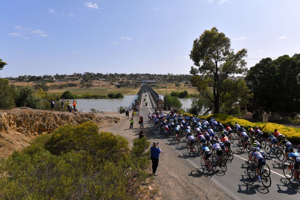 The Women's Tour Down Under peloton on the Murray Bridge