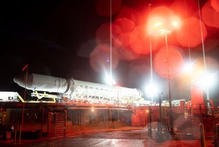 A Northrop Grumman Antares rocket carrying the Cygnus NG-10 cargo ship is moved to Pad-0A at NASA's Wallops Flight Facility on Wallops Island, Virginia on Nov. 12, 2018. The Antares will launch 7,500 pounds of NASA cargo on the Cygnus to the International Space Station on Nov. 16.
