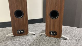 Q Acoustics 5050 floorstanding speakers from rear showing connections and feet on grey carpet