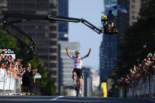 MONTREAL QUEBEC SEPTEMBER 15 Tadej Pogacar of Slovenia and UAE Team Emirates celebrates at finish line as race winner during the 13th Grand Prix Cycliste de Montreal 2024 a 2091km one day race from Montreal to Montreal UCIWT on September 15 2024 in Montreal Quebec Photo by Alex BroadwayGetty Images