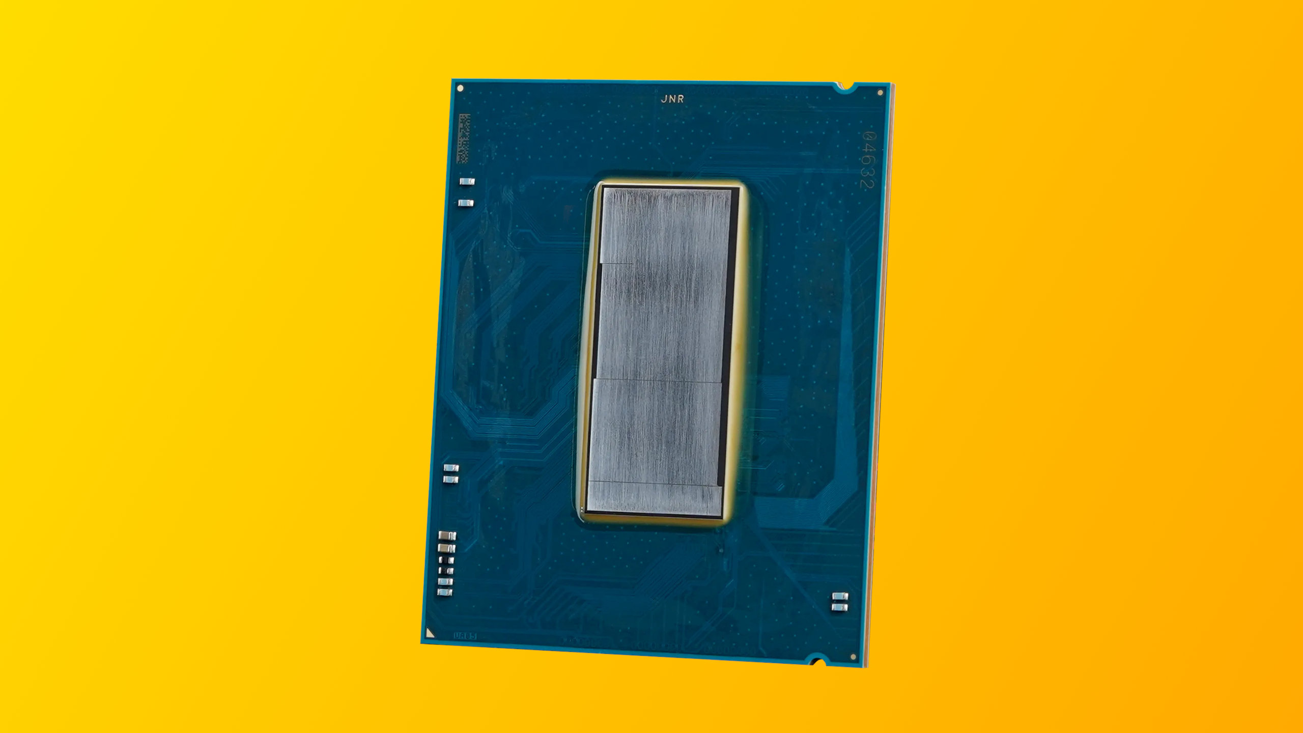 An image of a delidded and sanded Intel Core Ultra 7 270K Plus processor, as sold by Thermal Grizzly, against a yellow/orange background