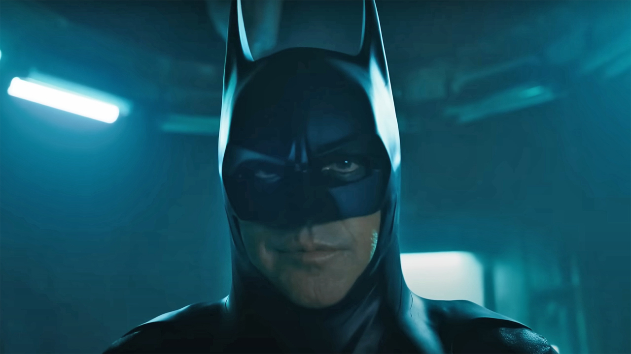 Michael Keaton's Batman looks at the camera in The Flash
