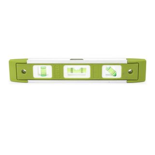A lime green spirit level sitting on its side with white accents around the top and the bubbles 