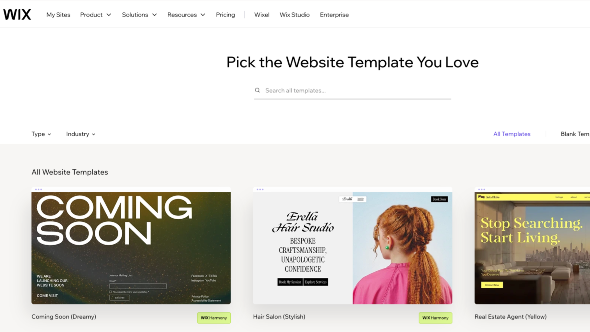 Wix Templates: Browsing and filtering ready-made designs by industry type.