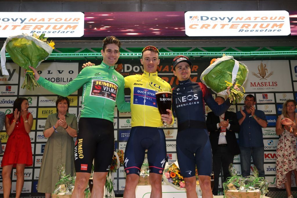 Belgian Wout Van Aert of Team JumboVisma Belgian Yves Lampaert of QuickStep Alpha Vinyl and British Tom Pidcock of Ineos Grenadiers celebrate on the podium of the Natourcriterium Roeselare cycling race Tuesday 26 July 2022 in Roeselare The contest is a part of the traditional criteriums local races in which mainly cyclists who rode the Tour de France competeBELGA PHOTO KURT DESPLENTER Photo by KURT DESPLENTER BELGA MAG Belga via AFP Photo by KURT DESPLENTERBELGA MAGAFP via Getty Images