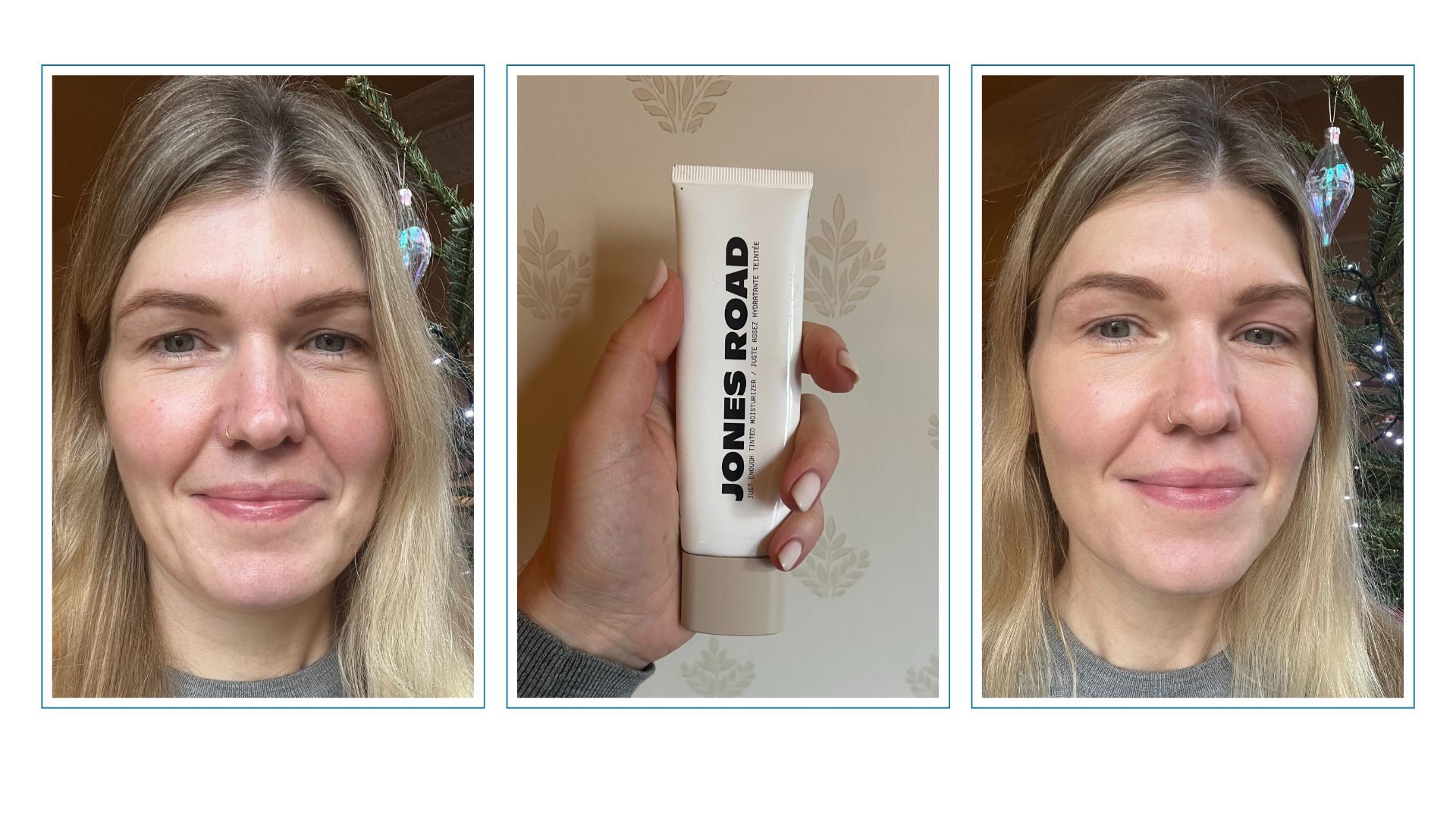 Beauty Editor Fiona McKim pictured with bare skin and some redness, then a hand with white nails and a grey sleeve holding Jones Road Just Enough Tinted Moisturizer, then Fiona McKim again with a more even skin tone