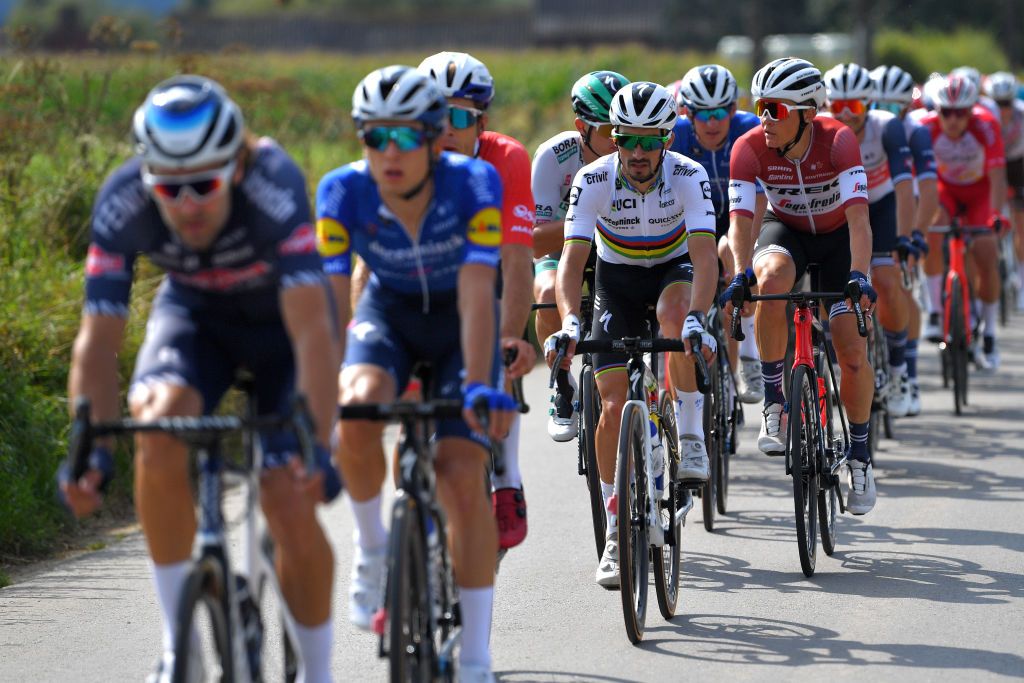 BOORTMEERBEEK BELGIUM SEPTEMBER 18 Julian Alaphilippe of France and Team Deceuninck QuickStep competes during the 11th Primus Classic 2021 a 1977km race from Brakel to Boortmeerbeek Wespelaar Haacht primusclassic PrimusClassic on September 18 2021 in Boortmeerbeek Belgium Photo by Luc ClaessenGetty Images