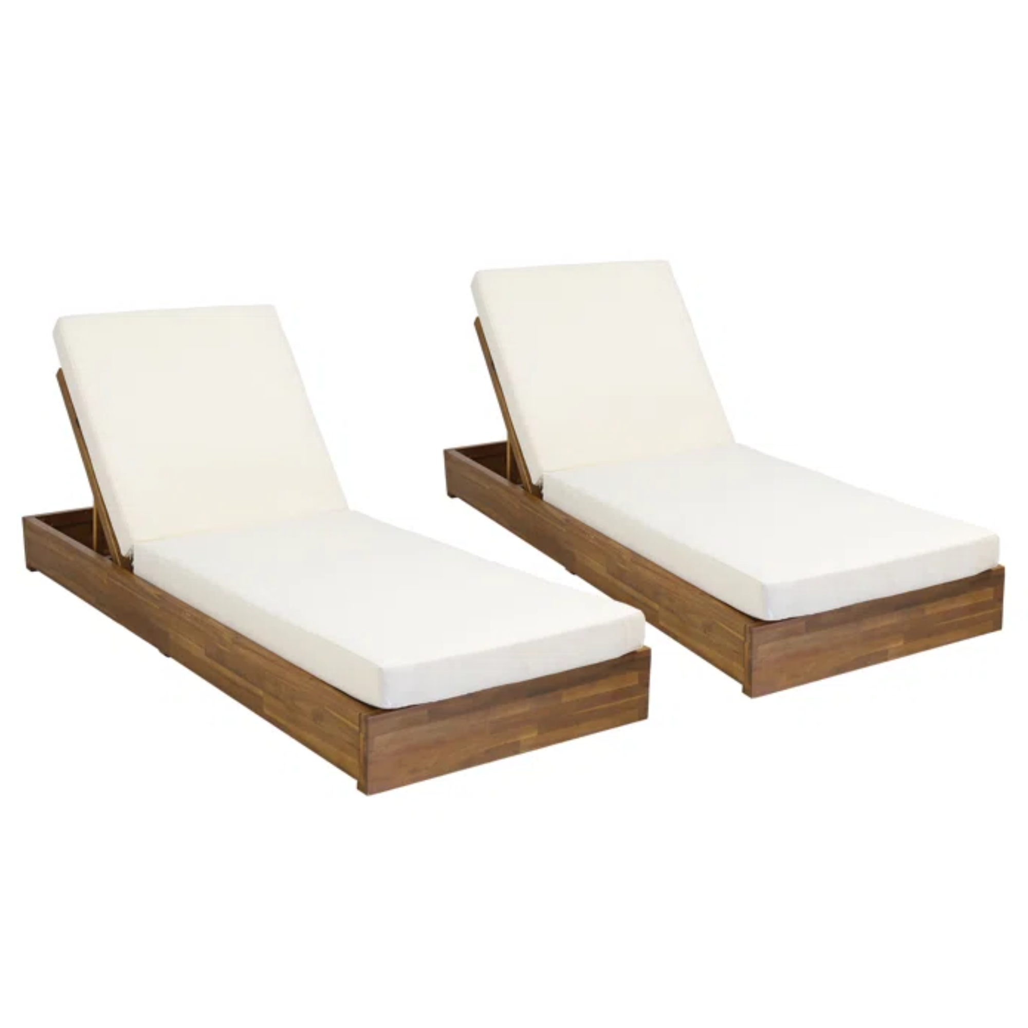set of two outdoor lounge chairs with white cushions