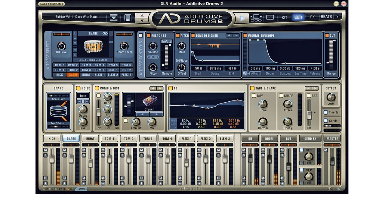 The mixer includes faders for nine drums, hi-hats, room mics, overhead mics and the extra processing bus