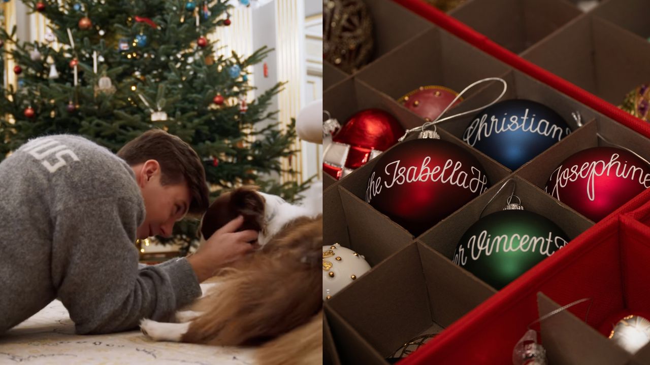 Crown Prince Christian petting a dog; a box of Christmas ornaments