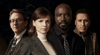 The cast of "Evil" season 4: (From left to right) Michael Emerson (as Leland Townsend), Kate Herbers (Kristen Bouchard), Mike Colter (David Acosta) and Aasif Mandvi (Ben Shakir)