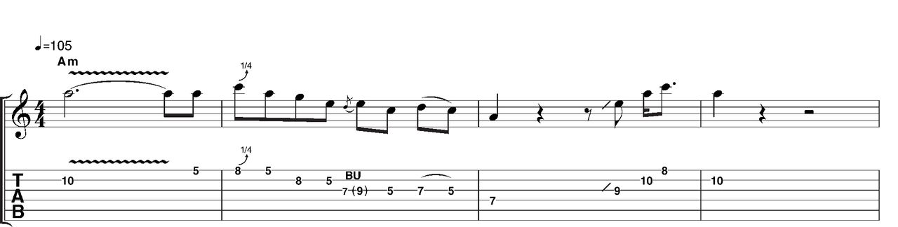 Example 1: First stating the root note with the trademark fast, shallow vibrato, you then move to a carefully stated descending blues scale passage. Note that whenever a C appears it's usually bent slightly sharp.