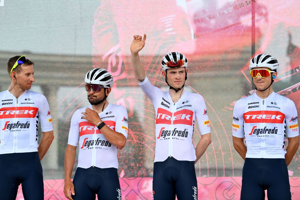 VISEGRAD HUNGARY MAY 06 LR Bauke Mollema of Netherlands Jacopo Mosca of Italy Mattias Skjelmose Jensen of Denmark and Giulio Ciccone of Italy and Team Trek Segafredo during the 105th Giro dItalia 2022 Stage 1 a 195km stage from Budapest to Visegrd 337m Giro WorldTour on May 06 2022 in Visegrad Hungary Photo by Stuart FranklinGetty Images