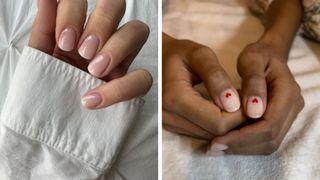 two images of hands with Biab nails, on the left a simple neutral manicure in pink with a white shirt cuff, on the right a pink nail design with tiny red hearts