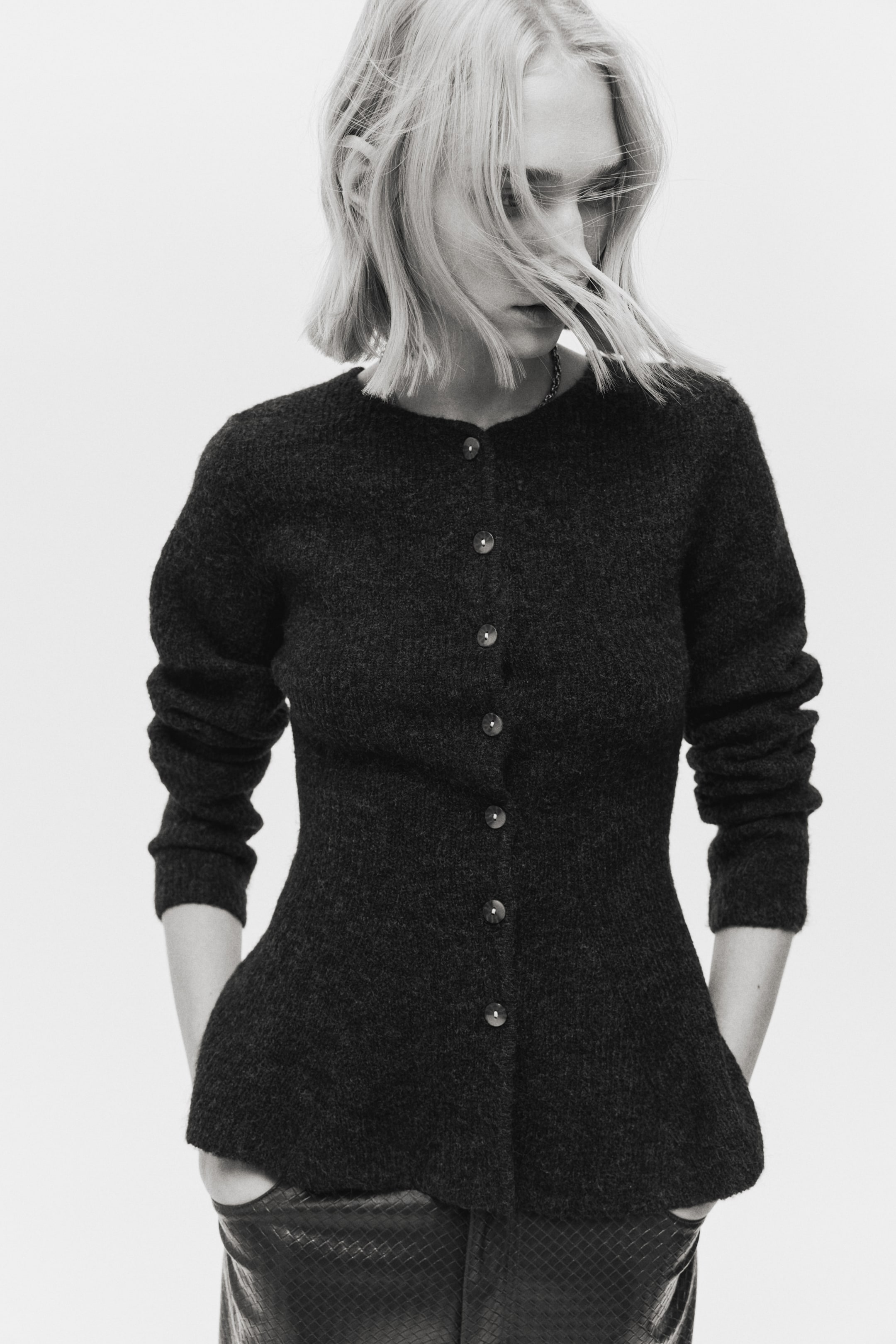 Rib-Knit Peplum Cardigan - Cream