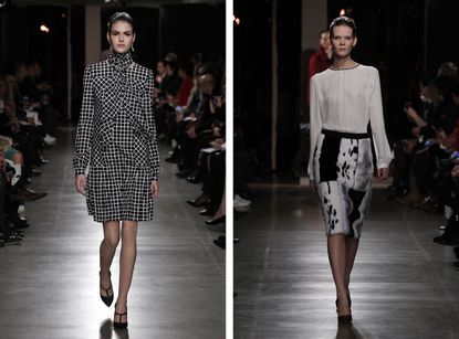  2 Models on runway wearing black &amp; white check dress and fur skirt with cream blouse