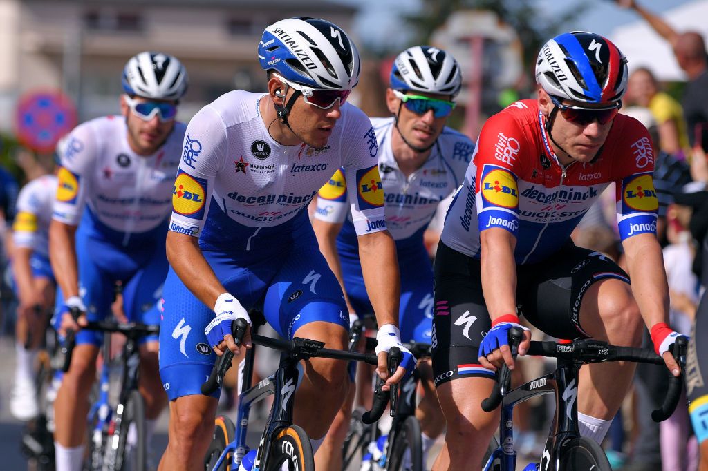 Dutch road race champion Fabio Jakobsen (right) with his Deceuninck-QuickStep teammates during the opening stage of the 2020 Tour de Pologne