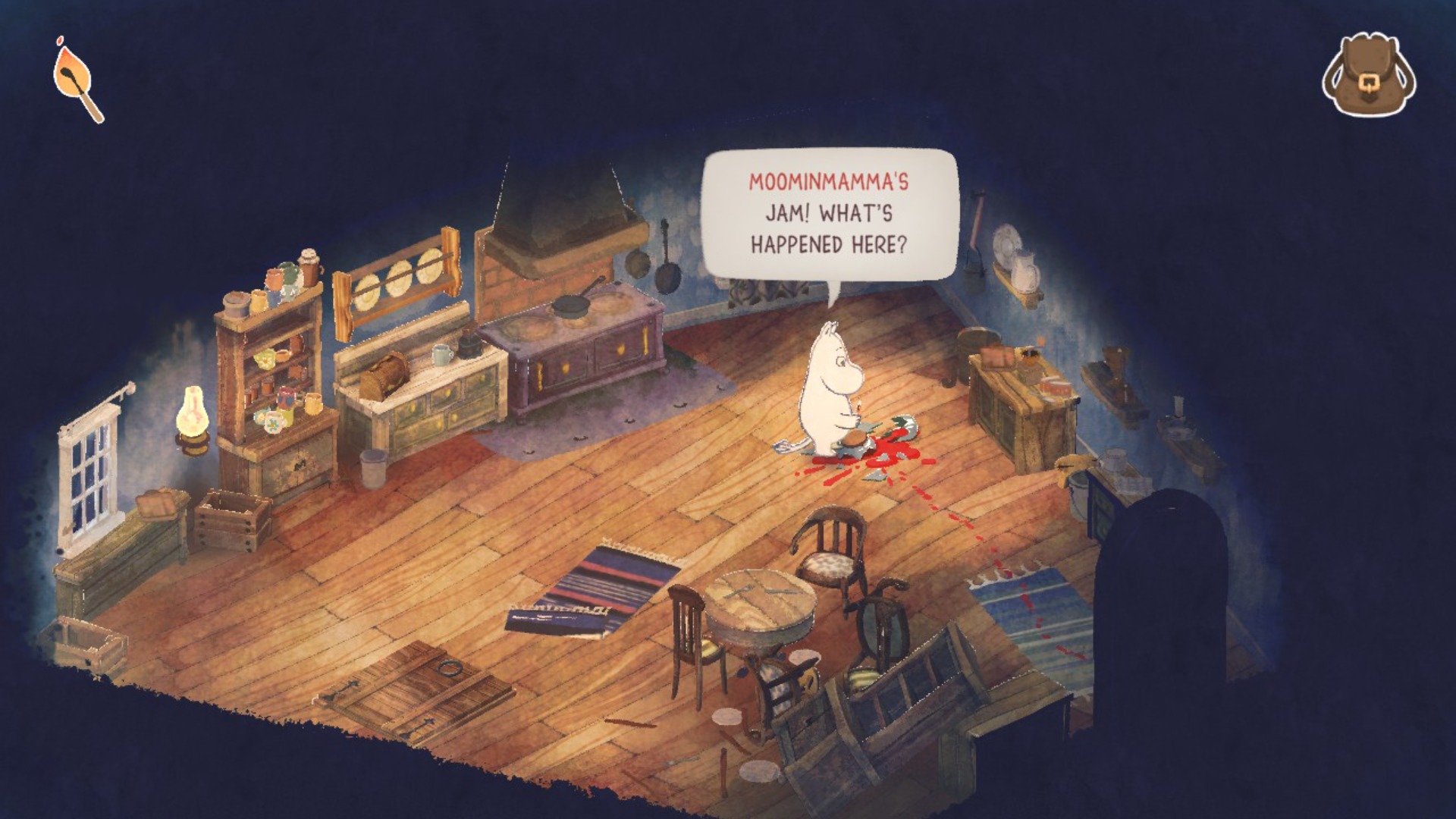 Moomintroll notices a jam jar shattered on the kitchen floor