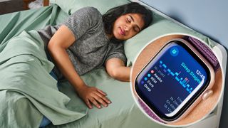 A woman lies asleep in a bed. In the bottom right corner is a close up of the Apple Watch sleep tracker showing the various sleep stages