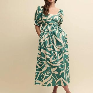 Green Leaf Print Ginger Smock Midi Dress