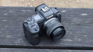 A Canon RF-S 10-18mm f/4.5-6.3 IS STM lens on a Canon EOS R5 camera on a wooden slatted bench