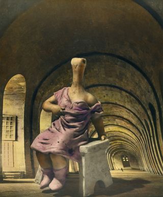 29, rue d’Astorg, 1935, a fantastical figure appears against an image of Versailles. Photograph, hand-coloured gelatin silver print on paper, 294 x 244 mm, Collection Centre Pompidou, Paris. Musée national d’art moderne Centre de création industrielle.