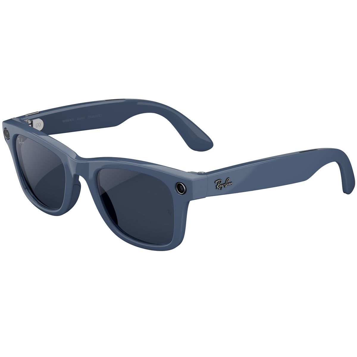 An official product render of Ray-Ban Meta (Gen 2) smart glasses Wayfarer style with blue frames and blue lenses