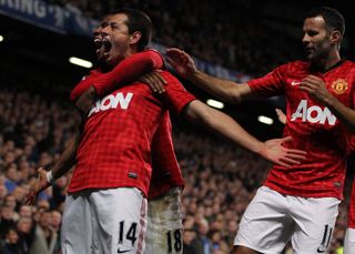 Javier Hernandez celebrates scoring his side’s third goal as Manchester United beat Chelsea 3-2 during the 2012/13 season