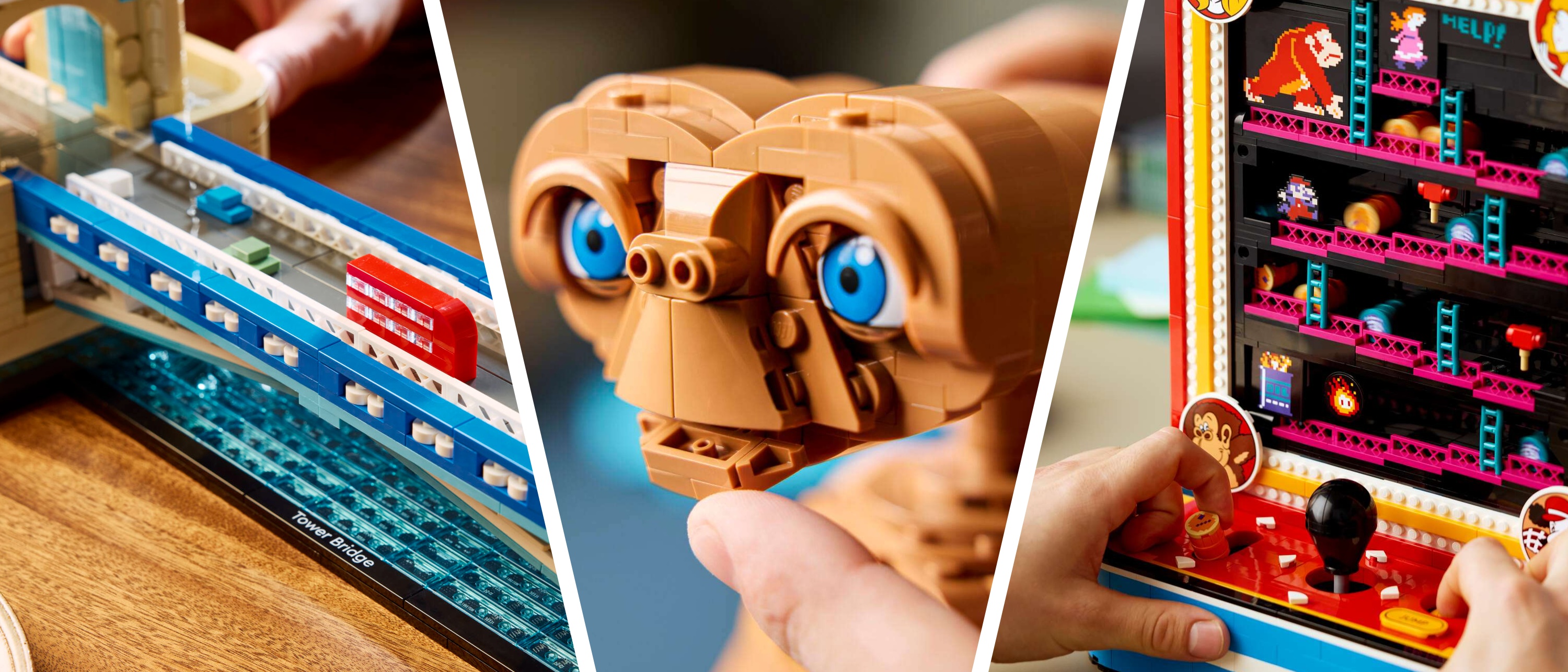 Lego Tower Bridge, ET and Donkey Kong arcade game sets, photographed close-up