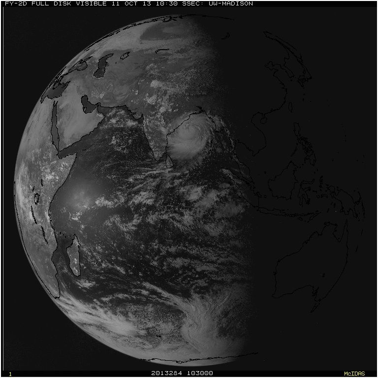 As shown in this image captured at 10:30 a.m. Central on Oct. 11, Cyclone Phailin has grown to half the size of India. 