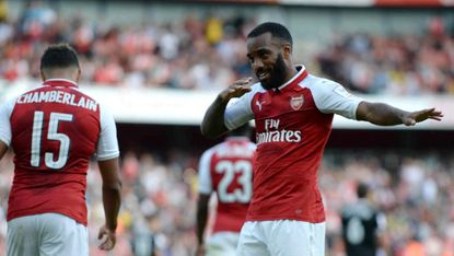 Alexandre Lacazette of Arsenal celebrates his first goal at the Emirates