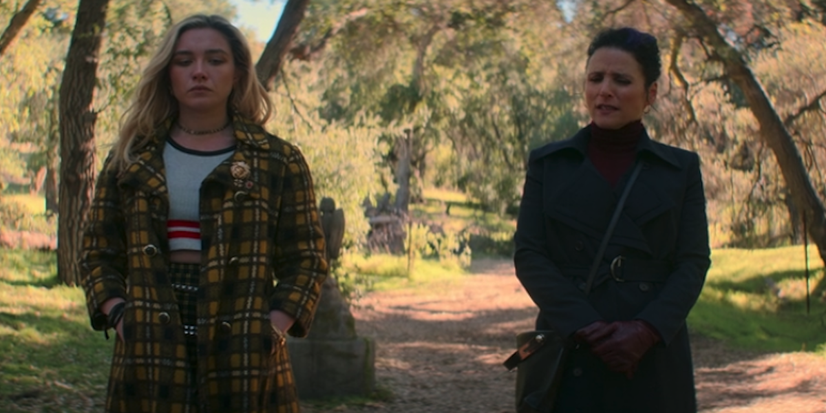 Florence Pugh and Julia Louis-Dreyfus as Yelena and Valentina in Black Widow end credits scene