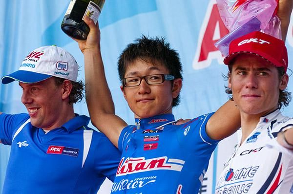 Stage two podium (l-r): Kenny Van Hummel (2nd,Skil Shimano), Nakajima Yasuharo (1st,Aisan Racing) and Justin Jules (3rd,Velo Club/La Pomme Marseille).