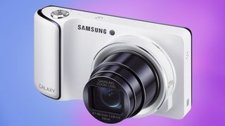 The Samsung Galaxy camera on a blue and purple background