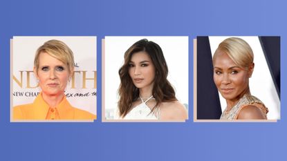 A collage of three celebrities with hairstyles for fine hair , Gemma Chan. Cynthia Nixon and Jada Pinkett Smith 