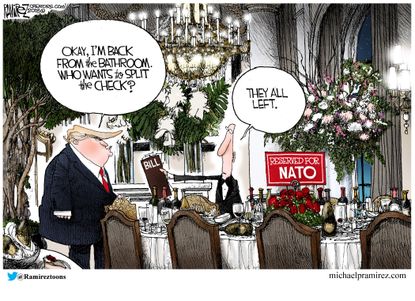 Political Cartoon U.S. Trump NATO summit dinner