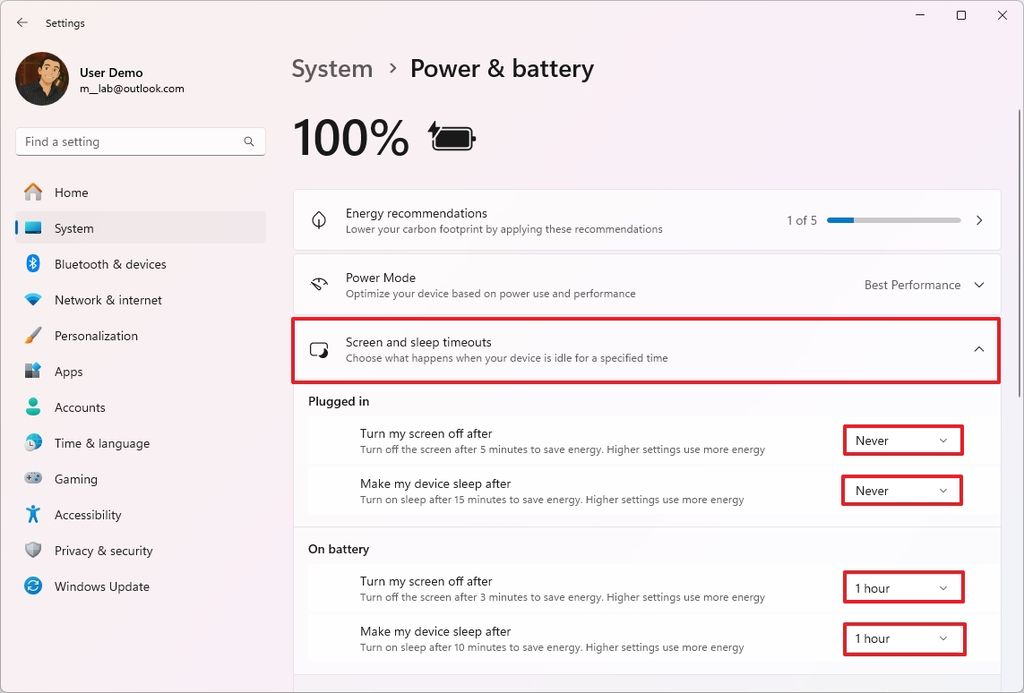 Screen and sleep timeouts