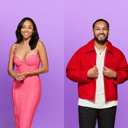 a split image of virginia and devin from love is blind season 8 