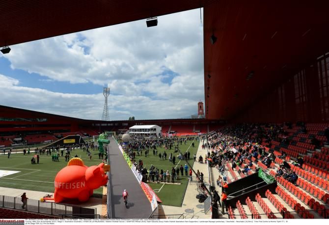 The finish line was inside a football stadium