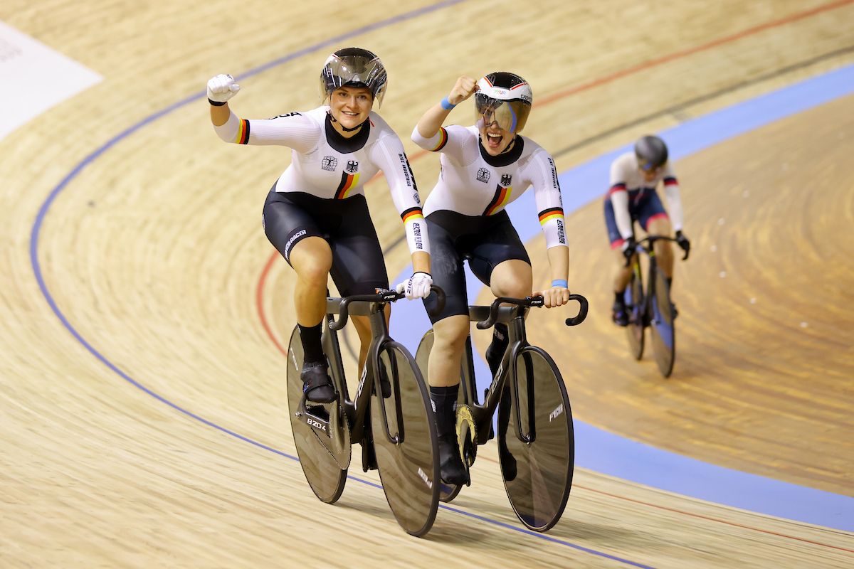 Picture by Alex Whitehead/SWpix.com - 20/10/2021 - Cycling - Tissot 2021 UCI Track Cycling World Championships - Women&acirc;s Team Sprint Finals - Stab Velodrome, Roubaix, France - Lea Friedrich, Pauline Sophie Grabosch and Emma Hinze of Germany celebrate Gold in the women's team sprint Finals