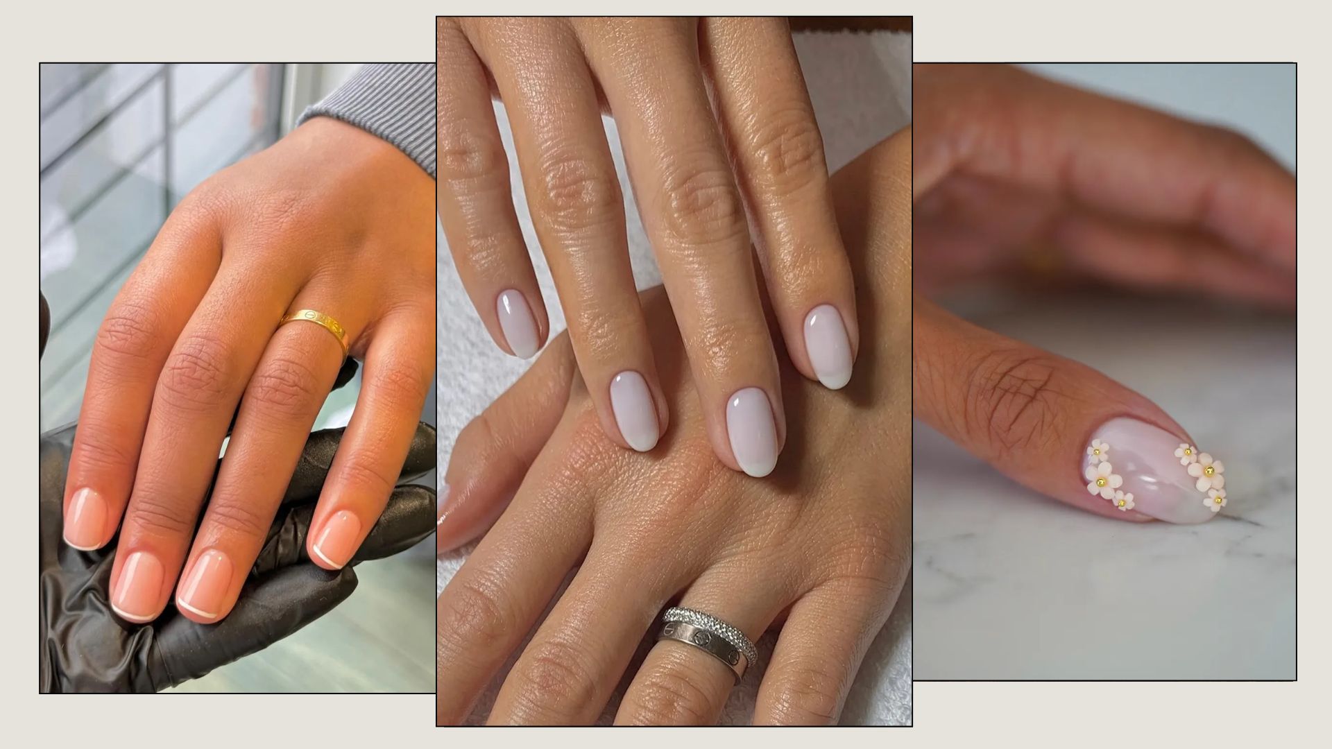 A collage of 2026 nail trends, including a milky manicure, a micro French tip manicure and floral nail art