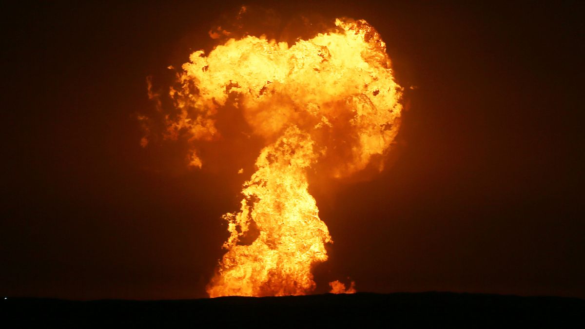 Rare mud volcano explodes into towering inferno in Caspian Sea