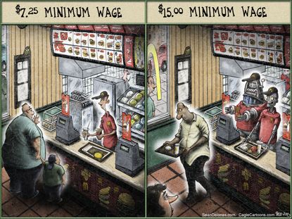 Political cartoon U.S. Minimum wage robot jobs economy
