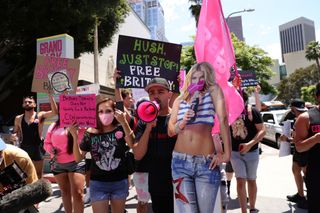 #FreeBritney activists protest at Los Angeles Grand Park during a conservatorship hearing for Britney Spears on June 23, 2021 in Los Angeles, California