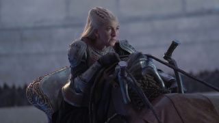 Eve Best as Rhaenys on Meleys dragon in House of the Dragon