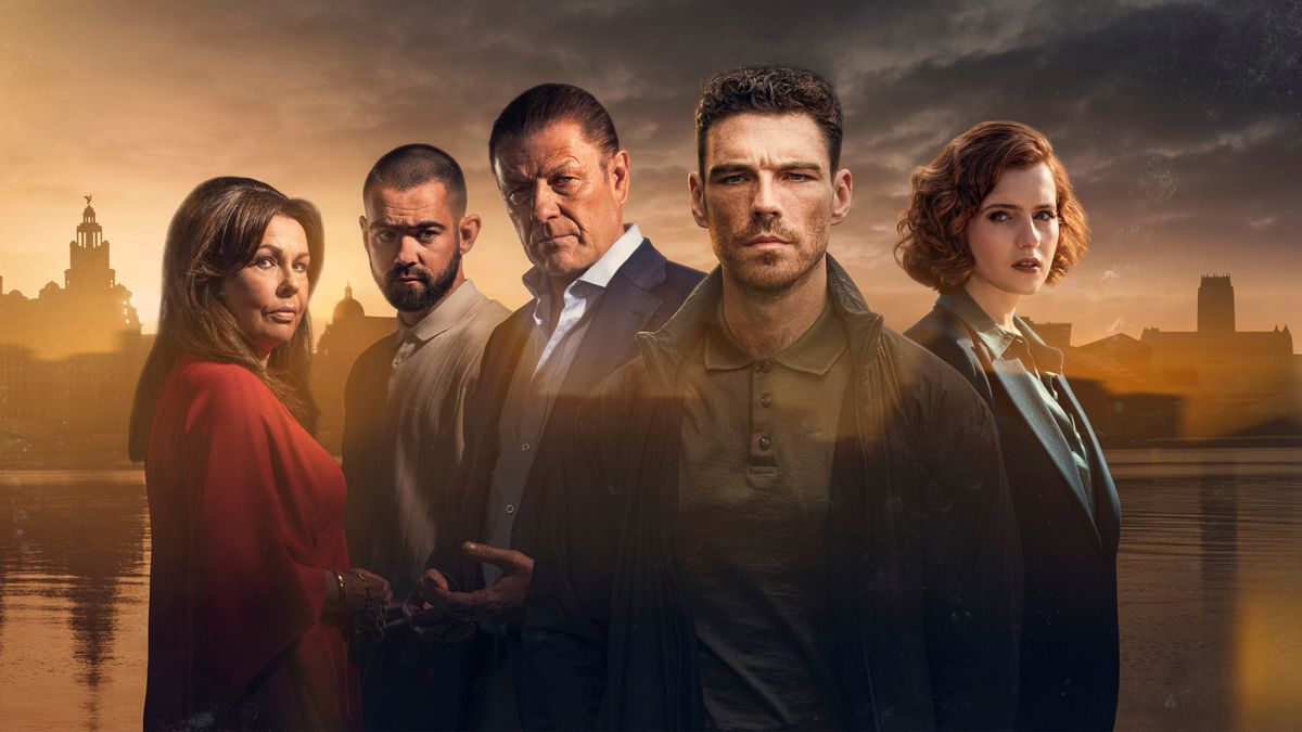 Julie Graham as Elaine, Jack McMullen as Jamie, Sean Bean as Ronnie, James Nelson-Joyce as Michael and Hannah Onslow as Diana stand against a Liverpool skyline in This City is Ours.