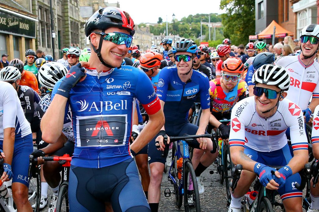 EDINBURGH SCOTLAND SEPTEMBER 11 LR Ethan Hayter of United Kingdom and Team INEOS Grenadiers blue leader jersey and William Tidball of United Kingdom and Team Great Britain prepare for the race prior to the 17th Tour of Britain 2021 Stage 7 a 1948km stage from Hawick to Edinburgh TourofBritain TourofBritain on September 11 2021 in Edinburgh Scotland Photo by Alex LiveseyGetty Images