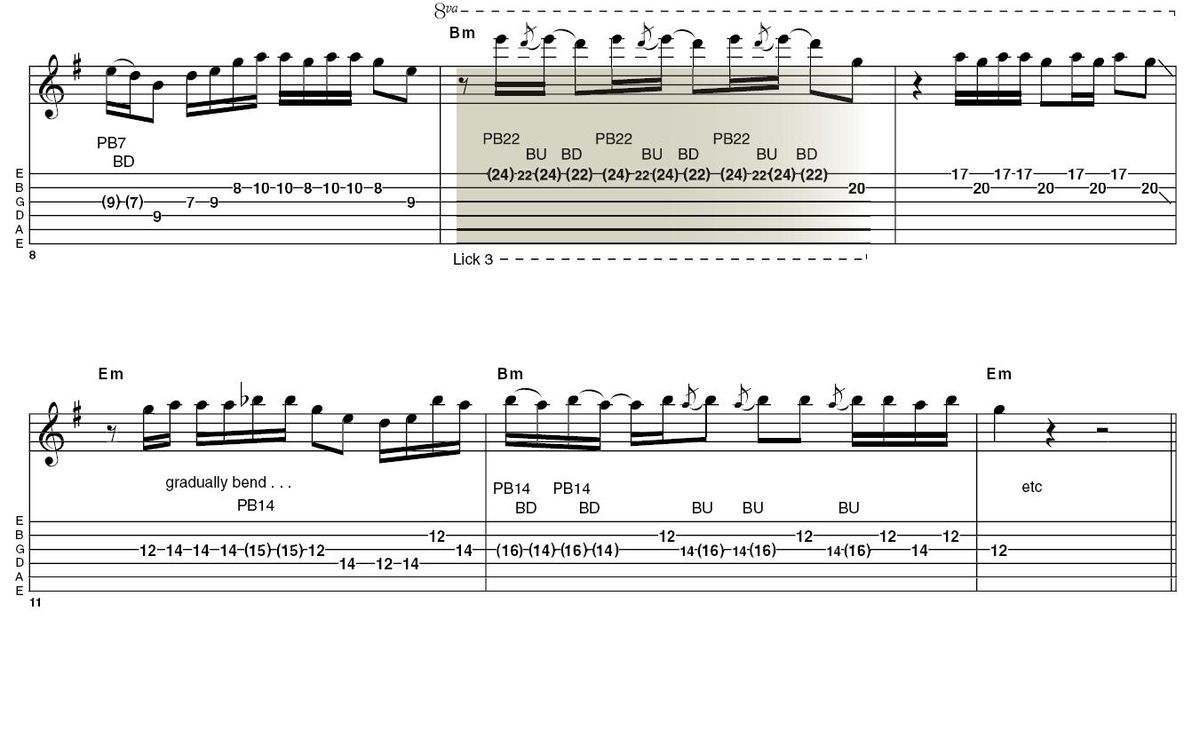 Lick 3: We&acute;re at the top fret of a 22-fret guitar here. Pre-bend and pick the first string, let it down, bend back up and let down again quickly, all in one move; repeat the process rapidly for this effect. This lick isn't easy and can rip up your fingertips if you're not careful.