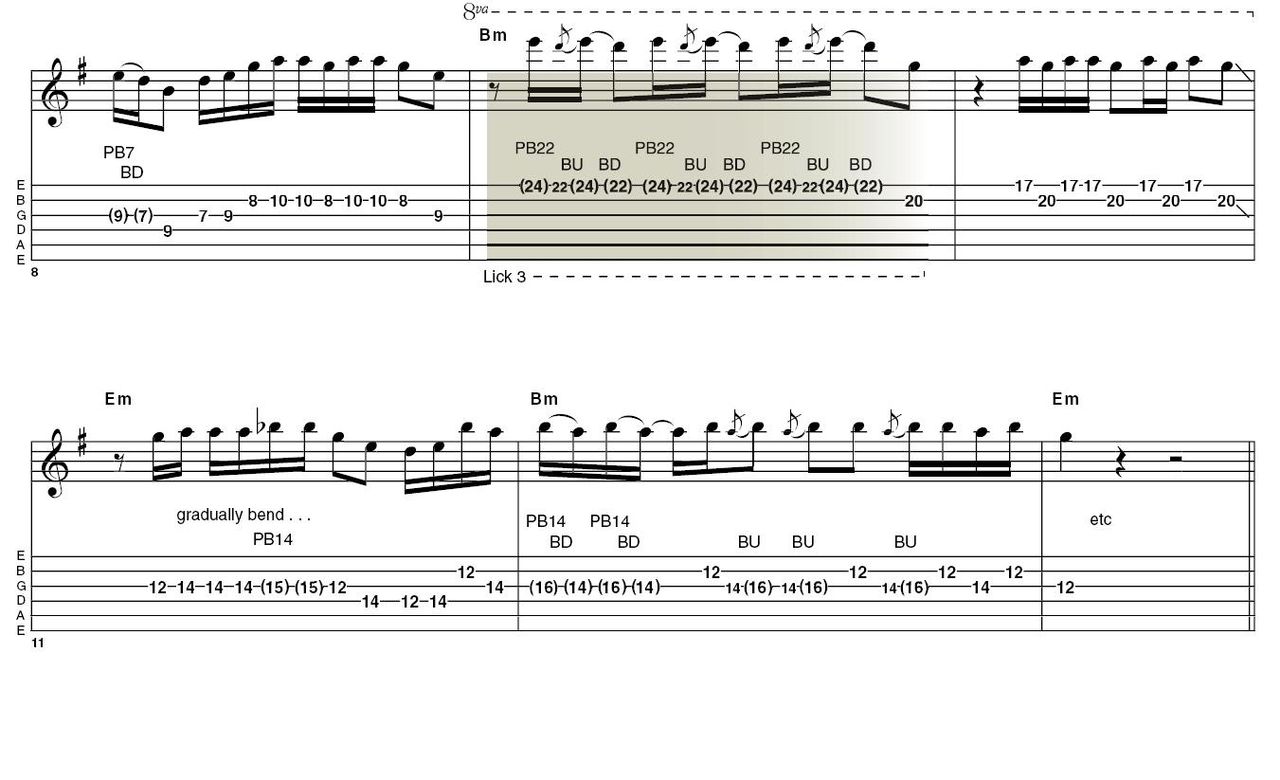 Lick 3: We&acute;re at the top fret of a 22-fret guitar here. Pre-bend and pick the first string, let it down, bend back up and let down again quickly, all in one move; repeat the process rapidly for this effect. This lick isn't easy and can rip up your fingertips if you're not careful.